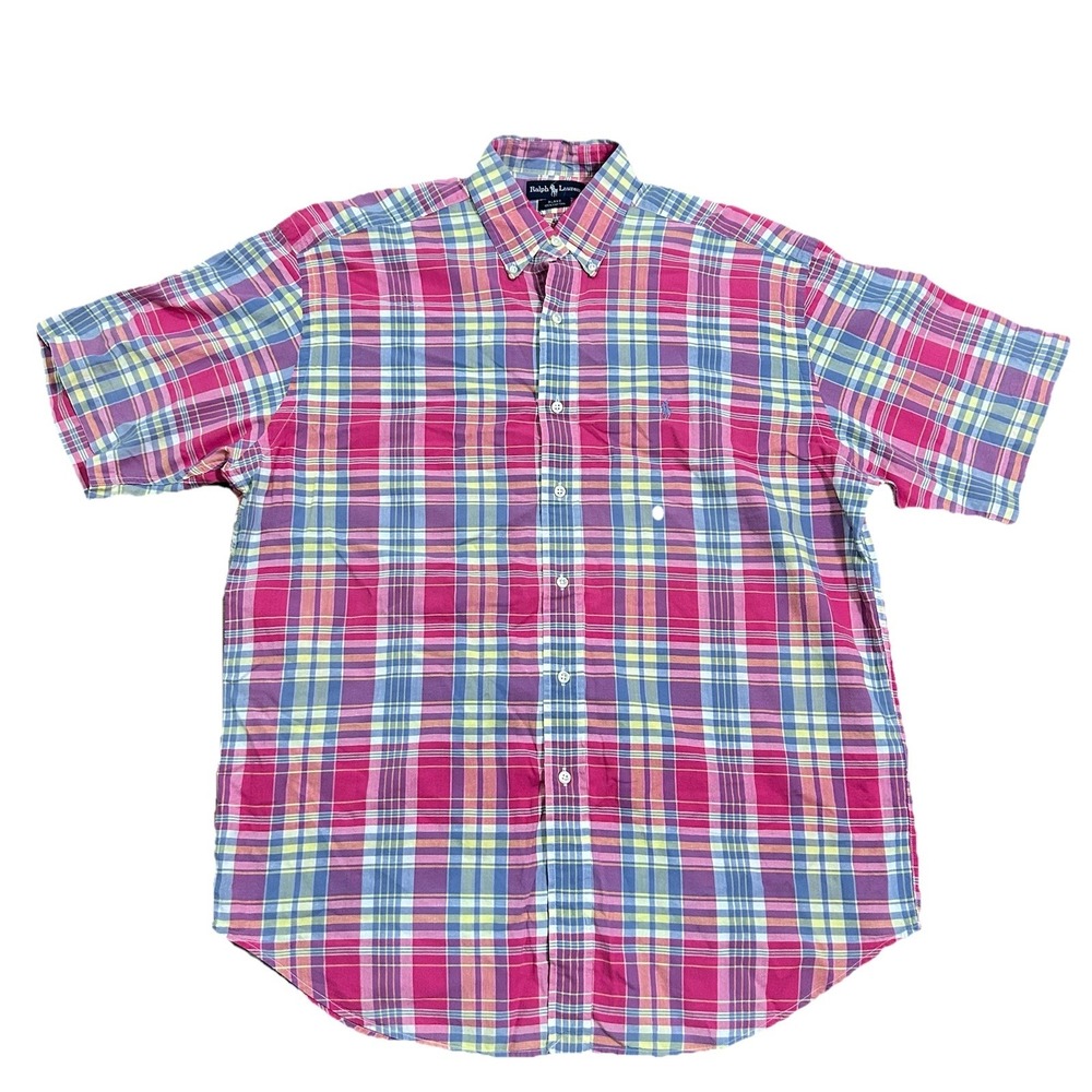 Ralph Lauren Vtg 90s Blake Plaid Short Sleeve Button Down Shirt Mens L Easter